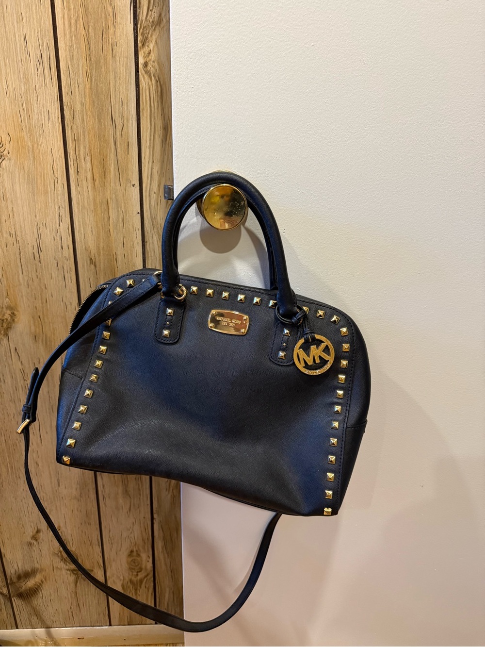 Michael Kors Black Leather Studded Satchel with Gold Hardware